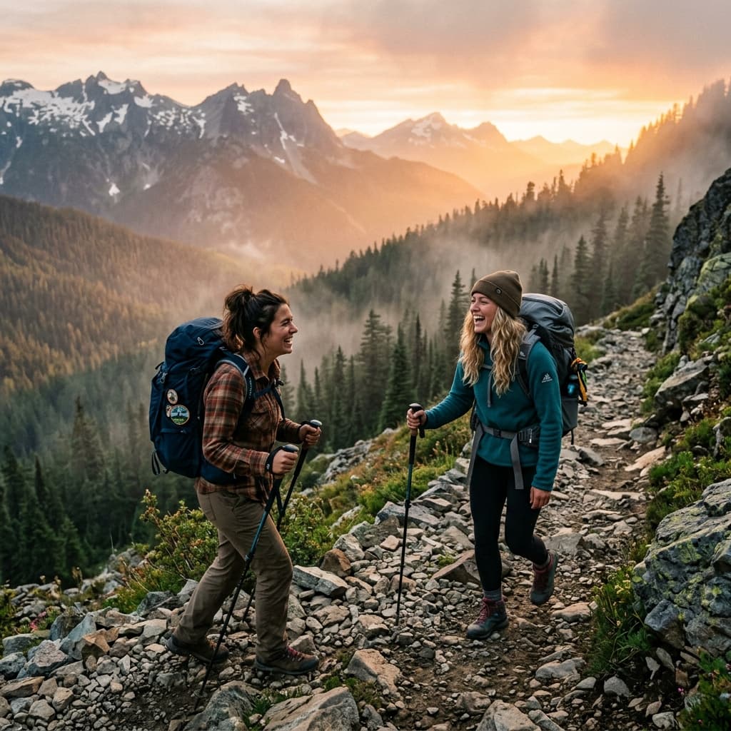 Maison Outdoor Campaign - Friends hiking on trail at sunset