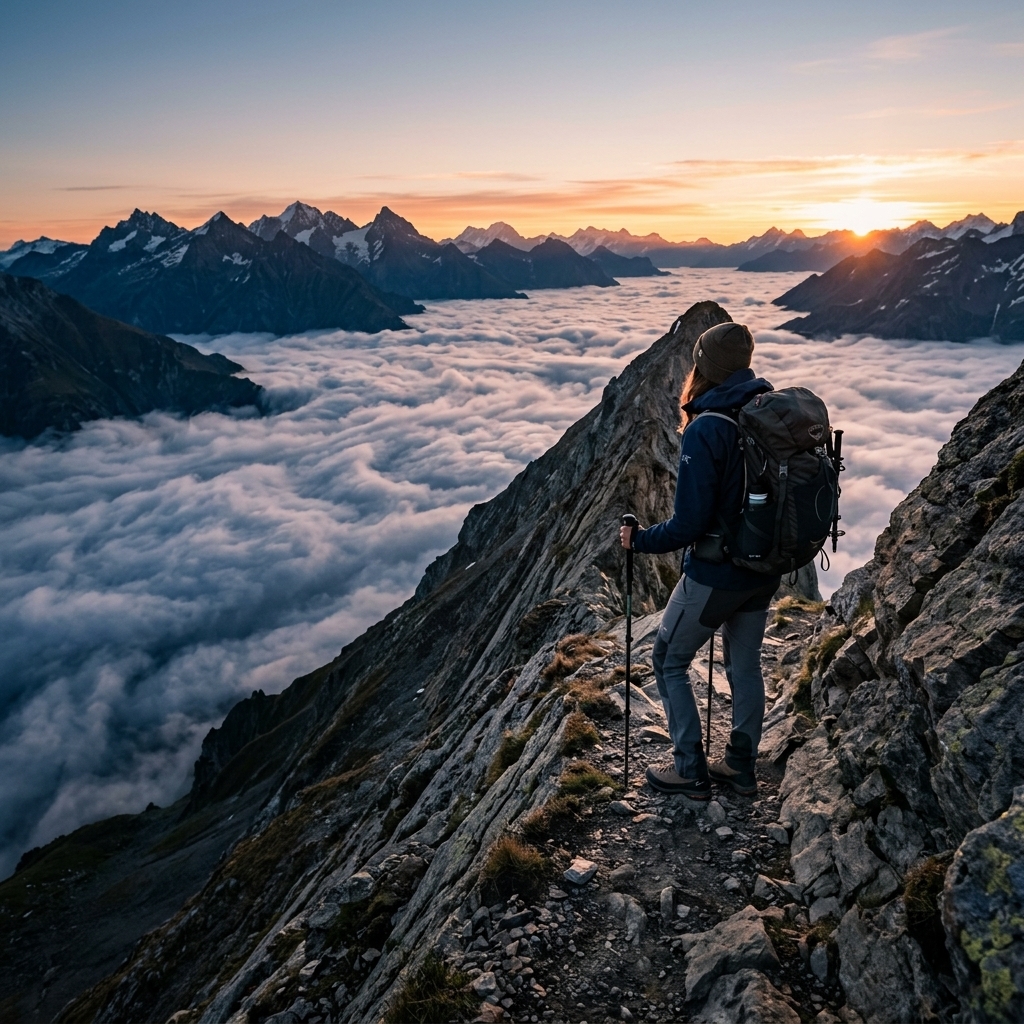 Maison Outdoor – Hiker standing on a dramatic mountain ridge at sunrise